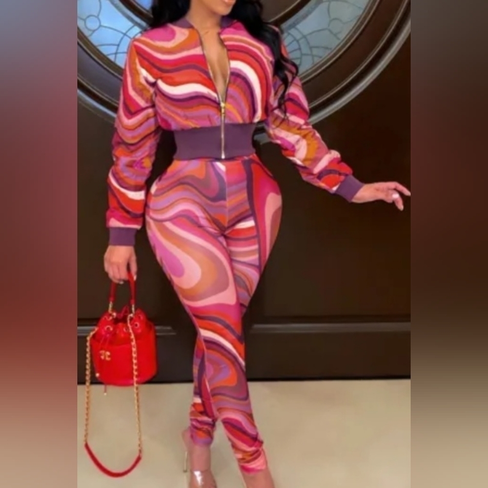 Red Print Zipper Collar Long Sleeve Two Piece Set